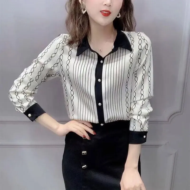 

Office Lady Striped Chain Printed Blouse Casual Single-breasted Spring Autumn Long Sleeve Female Clothing Lapel Spliced Shirt