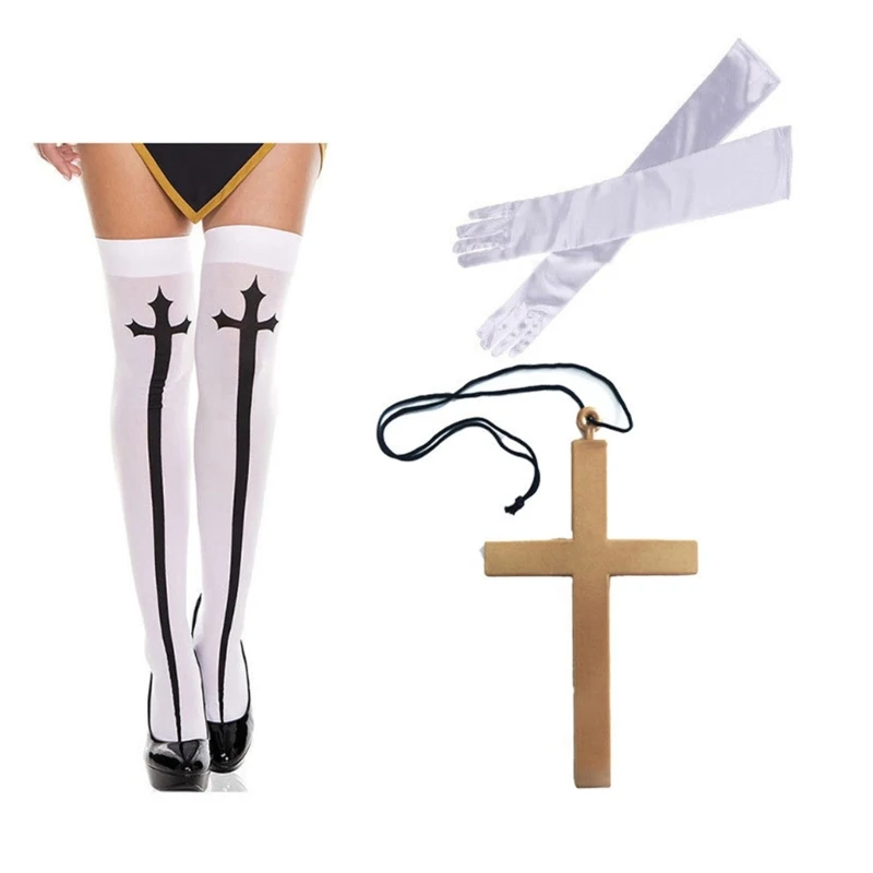 Nun Costume Set,Nun Hat,Nun Collar,Cross Pendent Necklace,Thigh High Socks for Halloween Cosplay Carnival Theme Party