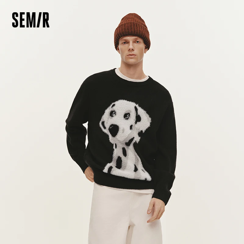Men's Knitted Sweater with Faux Mink Puppy Jacquard - Winter Pullover