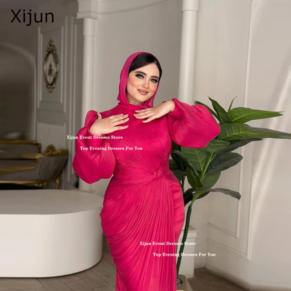 

Xijun Modest Hot Pink Evening Dresses Mermaid Long Sleeves Muslim Prom Dresses O-Neck Formal Occasion 2025 CustomizedCustomized