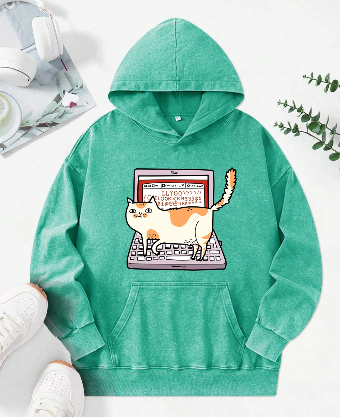 Cats Walking On Computer Keyboards Prints Washed Hoodies Women Cotton Fashion Pullovers Fashion Clothes Autumn Loose Hoody