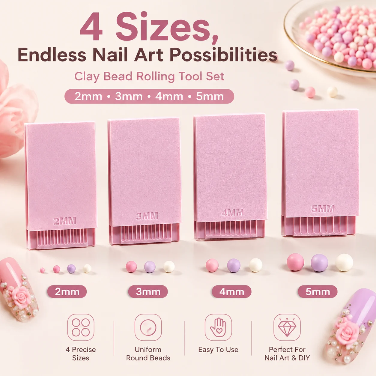4PCS 3D Print Clay Gel Ball Maker Tool, Nail Art Bead Roller for 3D Gel Flowers | Polymer Clay Roller 2mm 3mm 4mm 5mm