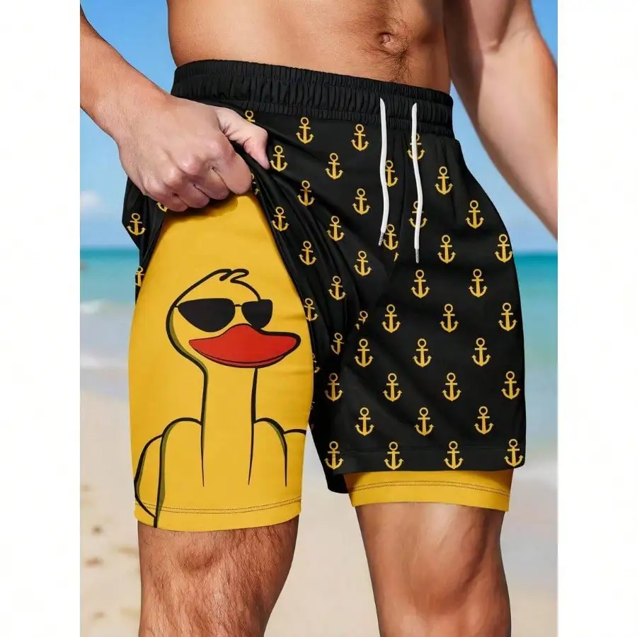 

Men's Anchor Print Drawstring Waist Casual Breathable Beach Shorts, 2 In 1 Design
