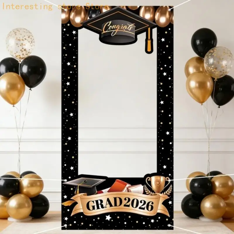 2026 Abschluss-Hintergrund, Schwarz-Gold-Design für Fotokabinen und Partydekorationen 55KC – Detail 7
