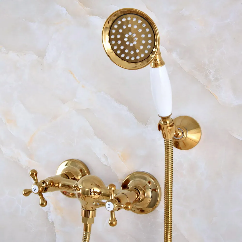 

Modern Polished Gold Color Brass Wall Mount Bathtub Faucet with Handheld Shower Set +1.5M Hose Mixer Tap 2na976