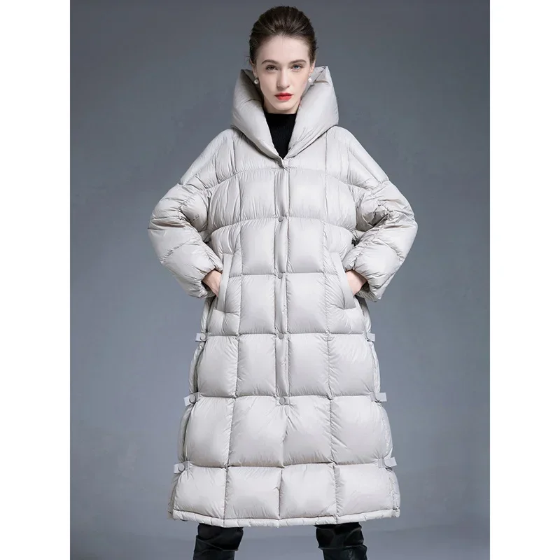 Thickened Hooded Puffer Jacket Women 2025 Winter Mid-Length Down Coats Over-Knee Loose Slim Adjustable A-Line White Duck Parkas