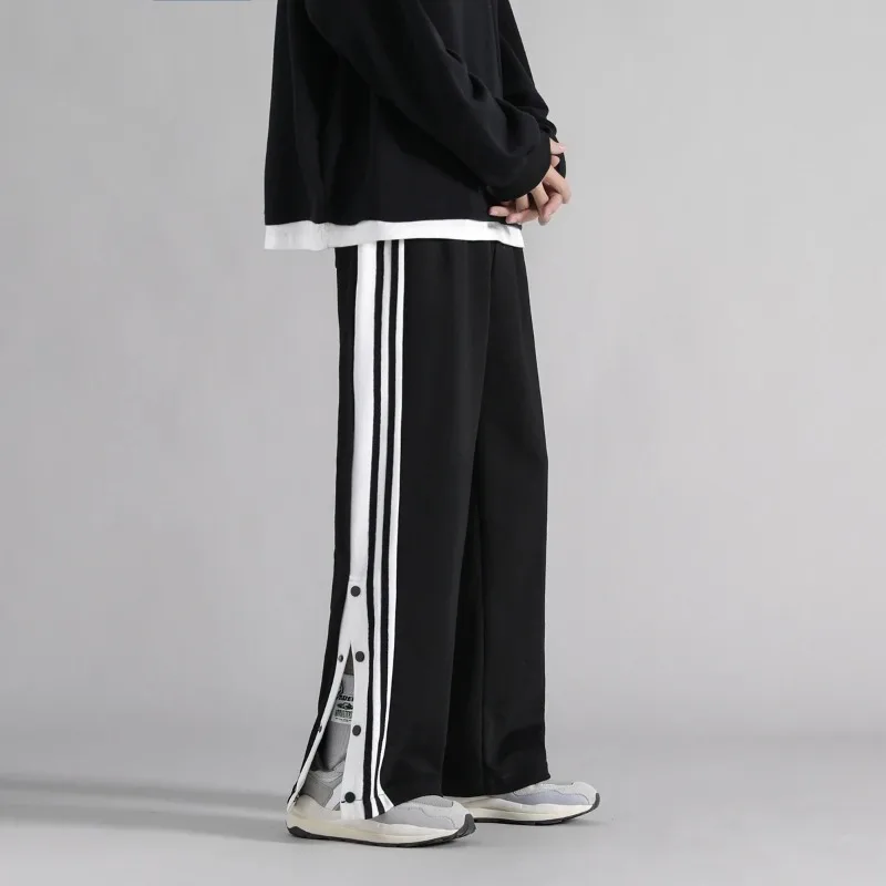 Spring Autumn Men's Solid Elastic High Waisted Striped Buttons Casual Loose Wide Leg Sportswear Trousers Fashion Vintage Pants