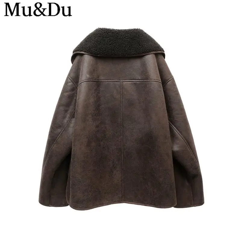 Mu&Du 2024 Winter Women\'s New Vintage Thick Lapel Faux Leather Lambswool Jacket Single Breasted Pocket Street Warm Coats Outwear