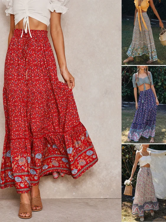 

n Lace Pleated Skirt Long Dr High Waist A-Line Midi Skirt Flared Hemline Floral Print Polyester Fabric Women's Dr