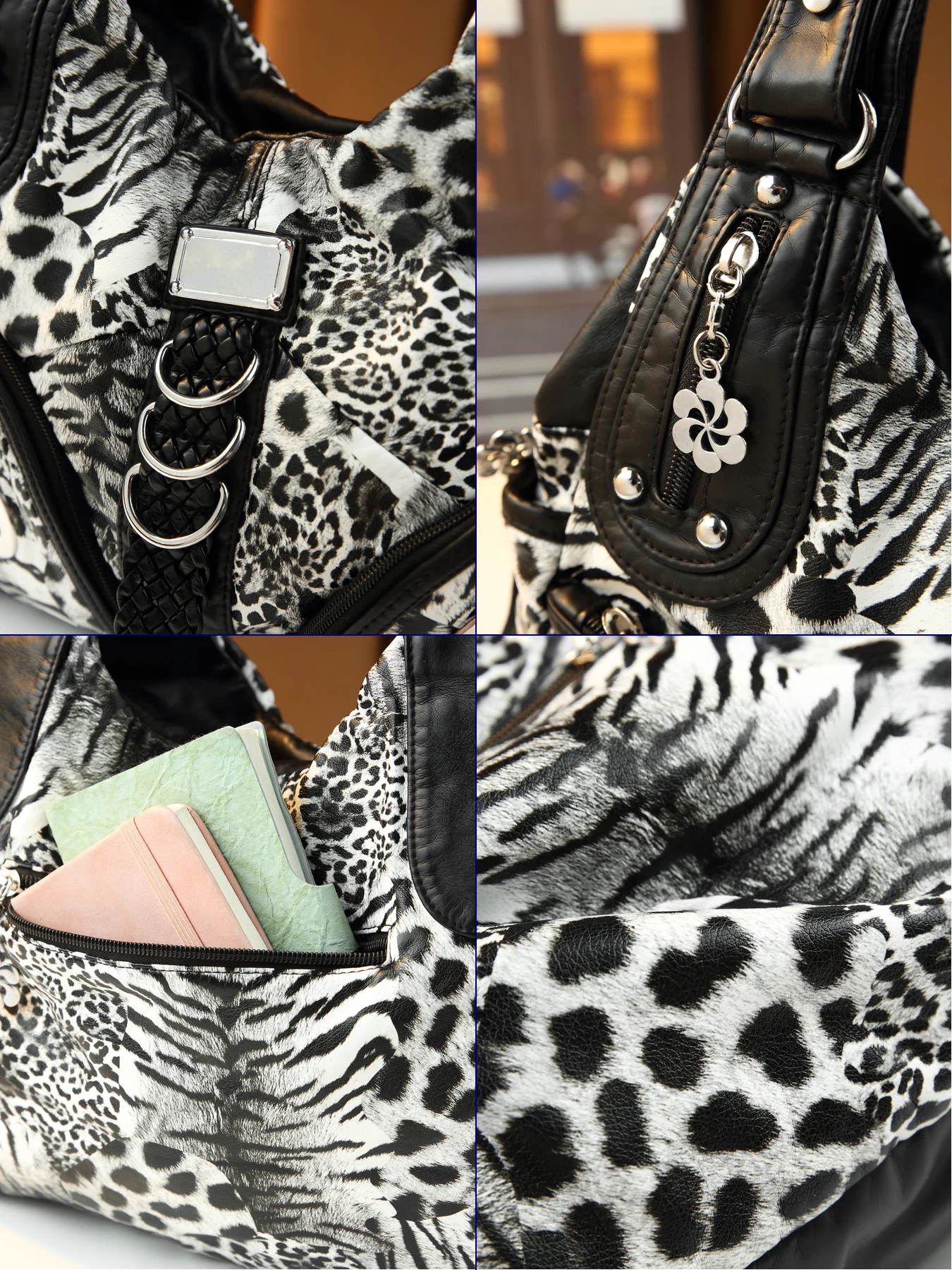 New retro leopard print splicing tote bag female punk rivet multi-ring decorative large-capacity handbag