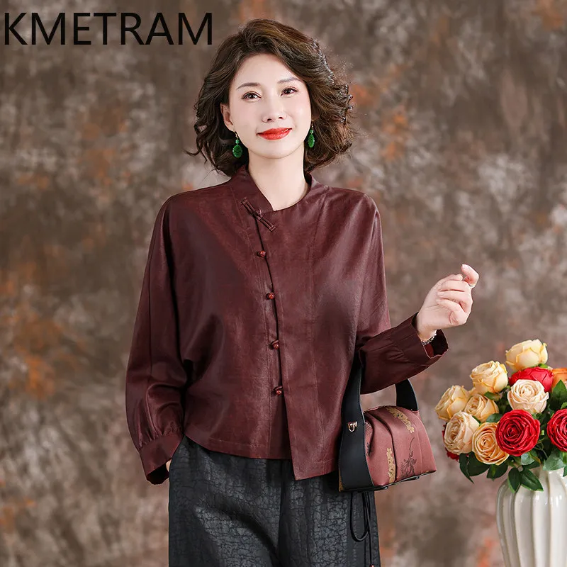 KMETRAM 100% Mulberry Silk Xiangyunsha Women's Tops 2026 Spring New Chinese-style Frog Button Long-sleeved Coats Blusa Feminina