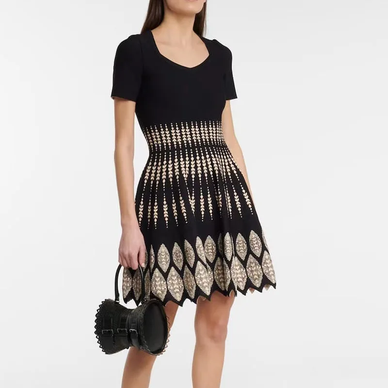 

Women's Colorblock Knitted Cotton Dress, V-Neck, Mini, A-Line Jersey, Fashion, 2023, 41816