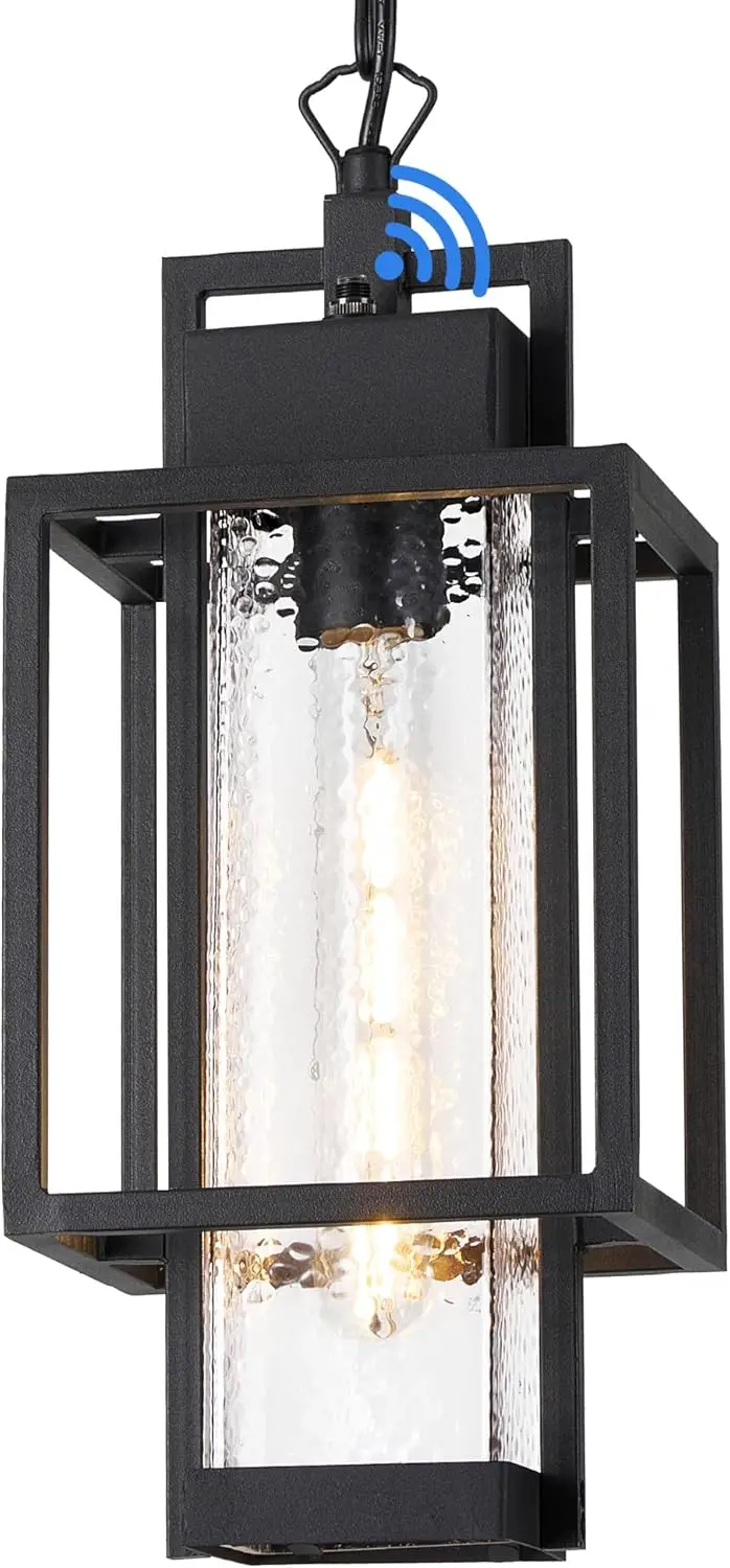 

Dusk to Dawn Outdoor Pendant Light, 16" Black Hanging Lantern with Bubble Glass for Porch Gazebo