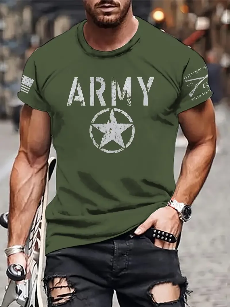 Summer Men\'s T-Shirt Casual Short Sleeve Tee Army Pattern Print Oversized Clothing Fashion Streetwear Outdoor Crew Neck Tops