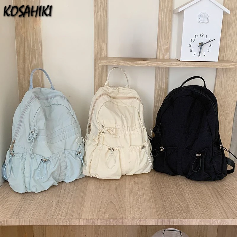 Japanese Simple Nylon Casual Backpack Vintage Y2k Aesthetic Drawstring Schoolbags All Match Fashion Chic Backpacks for Students