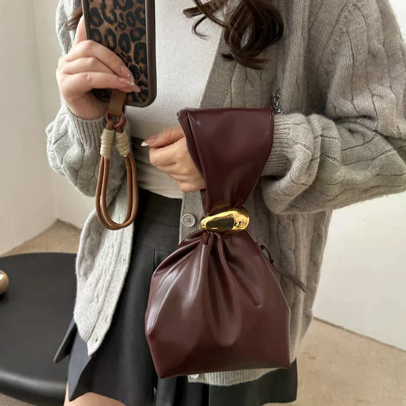 Personalised PU Soft Leather Clutch Vintage Luxury Designer Women's Pleated Mini Bucket Bag Side Zip Party Evening Bag