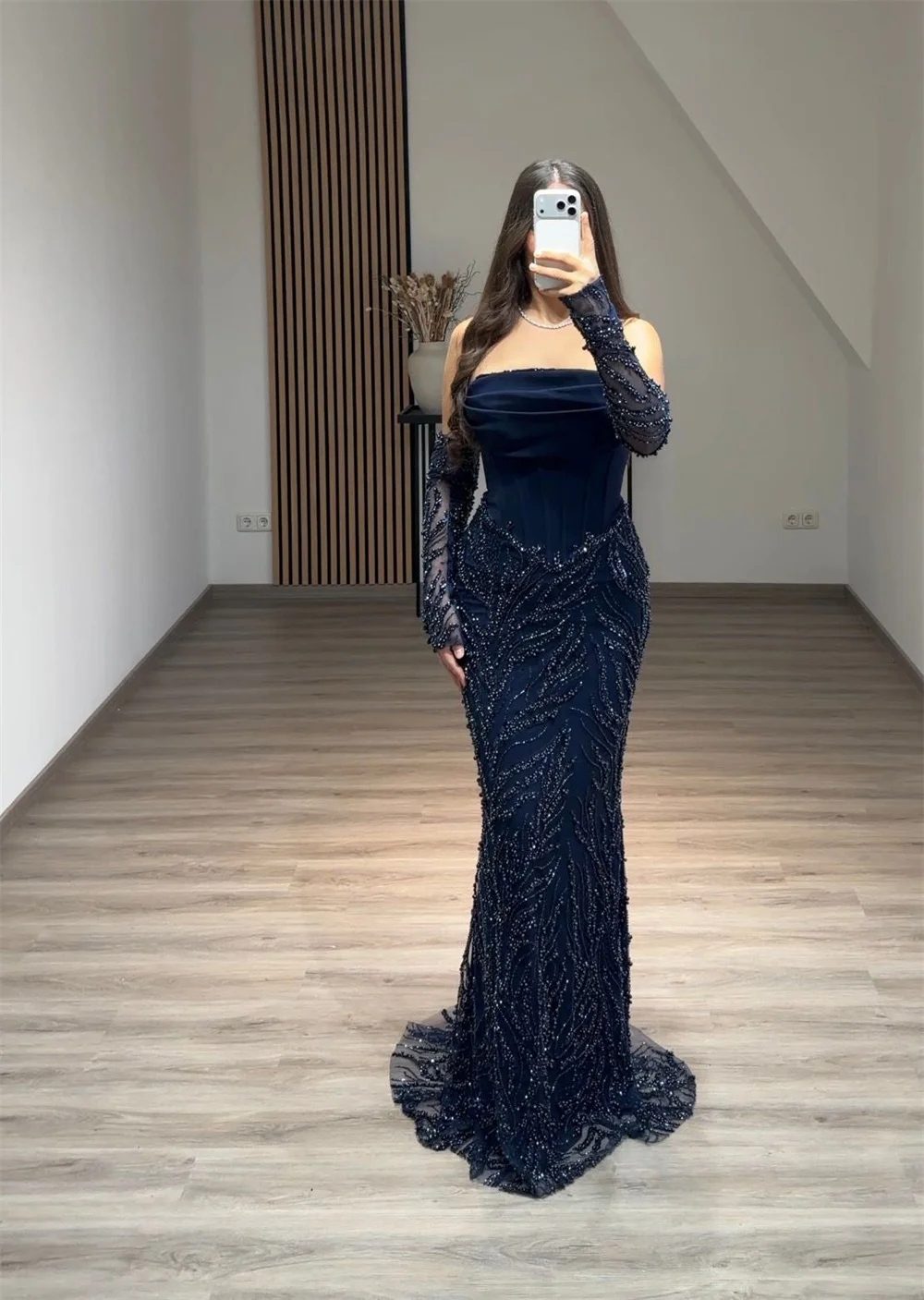 Cathy Customized Navy Blue Exquisite Lace Prom Dress Detachable Sleeves Mermaid vestidos de noiva Floor-length Evening Dresses
