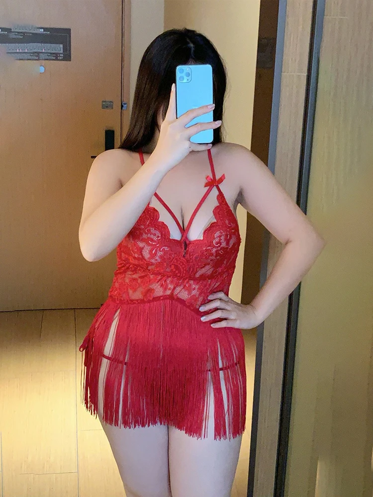 

Hollow Lace Pajamas Skirt Women Nightdress Patchwork Tassel Seamless Underwear Mini Dress Backless Nightgown Sexy Pajamas