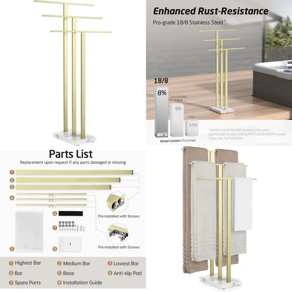 

Трехуровневая подставка для полотенец с мраморным основанием и отделкой под золото для ванной комнаты, для больших и обычных полотенец, из нержавеющей стали 18/8