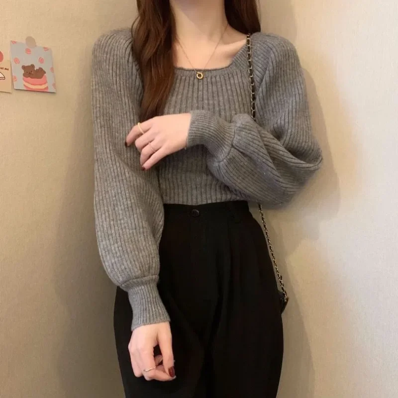 5 Colors Pullovers Women Lantern Sleeve Cozy Slim Gentle French Style Solid Leisure Cropped Autumn Temperament Design Sweaters