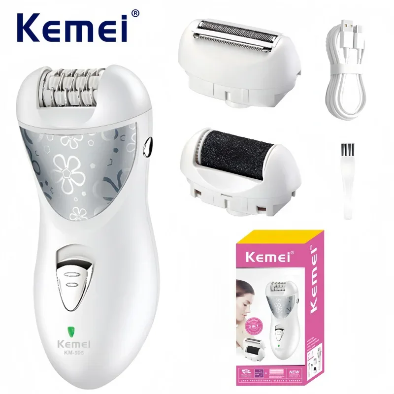 

Kemei KM-505 3-in-1 Multifunctional Hair Removal Kit – Electric Lady Shaver, Foot File Body Trimmer for Smooth Skin