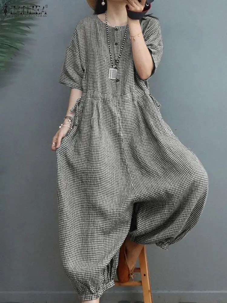 ZANZEA Summer Women Fashion Half Sleeve Loose Wide Leg Jumpsuits Casual Holiday Playsuits Overalls Vintage Plaid Checked Rompers