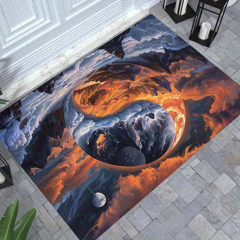 

1pc Yin-Yang Landscape Painting Polyester Carpet - Crystal Velvet Fabric, Suitable for Bedroom, Living Room, Dormitory