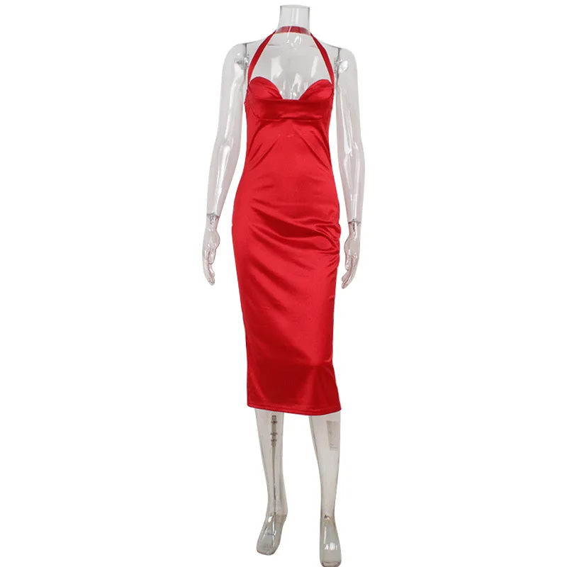 Estilo europeu e americano elegante feminino high-end cetim sem alças halter sem costas vestido vermelho