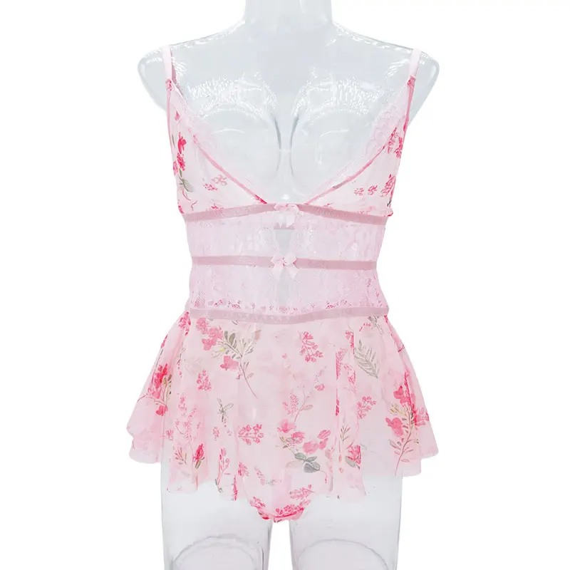 Transparent V-neck Sexy Nightdress For Women Floral Printed Lace Lingerie Pajamas Mini Dress Sexy Seamless Lingerie