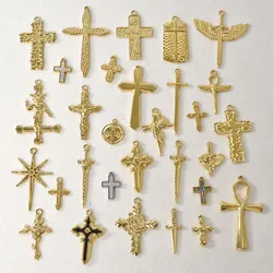 Trendy 8pcs/lot Gold Plated Stainless Steel Cross Pendants Flower Christian Jesus Cross Charms DIY Jewelry Marking for Necklace