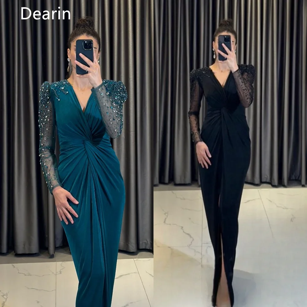 Customized Prom Dress Saudi Arabia Dearin V-neck Sheath Floor Length Sequin Skirts Tulle Bespoke Occasion Dresses Formal Evening