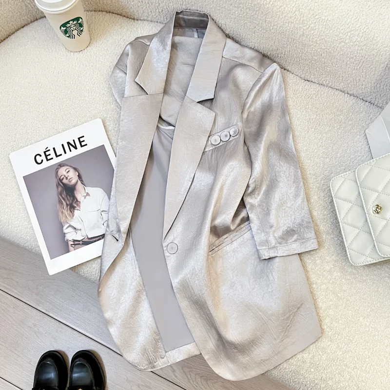 

Summer Light Beige Gray Short Sleeve Suit Jacket Women's New High Quality Satin Office Lady Basic French Casual Suit Jacket