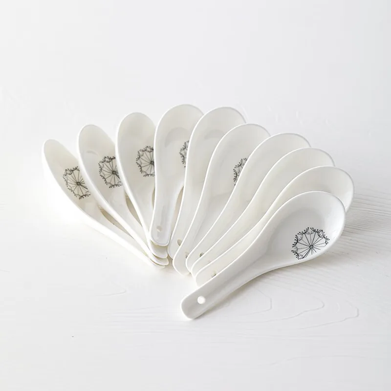 SUSHI CERAMICS Ceramic Small Soup Spoon Dandelion Pattern Spoon Small Rice Spoon Household Tableware Set of 10 Pieces