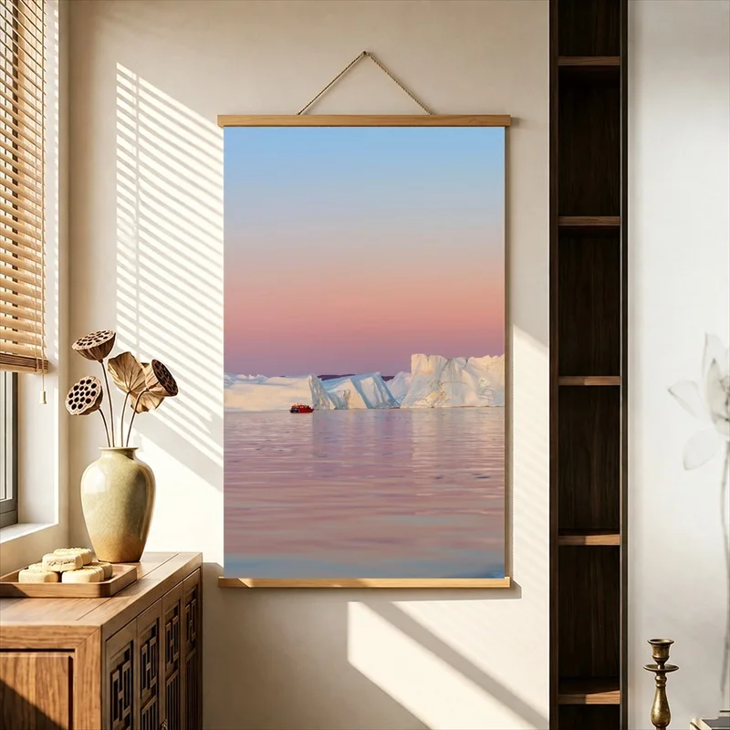 Wall Decorations Rose Desert Cliffs beneath Clear Blue Skies, Pearlescent Canvas Hanging Scroll for Desert Retreat Wall Decor