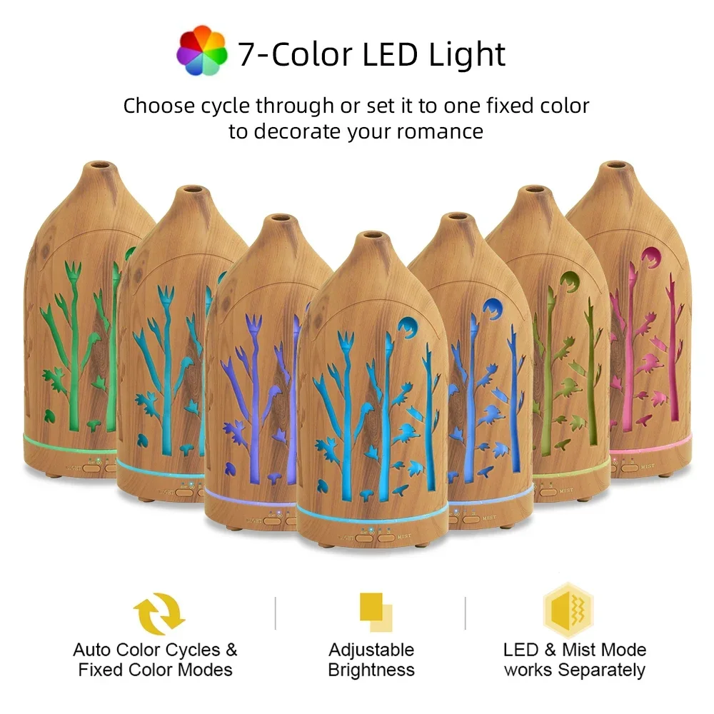 موزع LED بـ 7 ألوان، 3 زيوت أساسية، إيقاف تلقائي، هادئ للغاية، تصميم مجوف أنيق