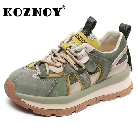 Koznoy 5cm Genuine Genuine Leather Pigskin Ankle Boots Loafer Chunky Sneaker Women Autumn Vulcanize Comfy Summer Spring Shoes