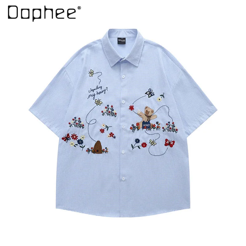 

Summer New American Retro Style Men's Loose Casual Blue Pink Green Cartoon Bear Flower Embroidery Short-sleeve Shirt