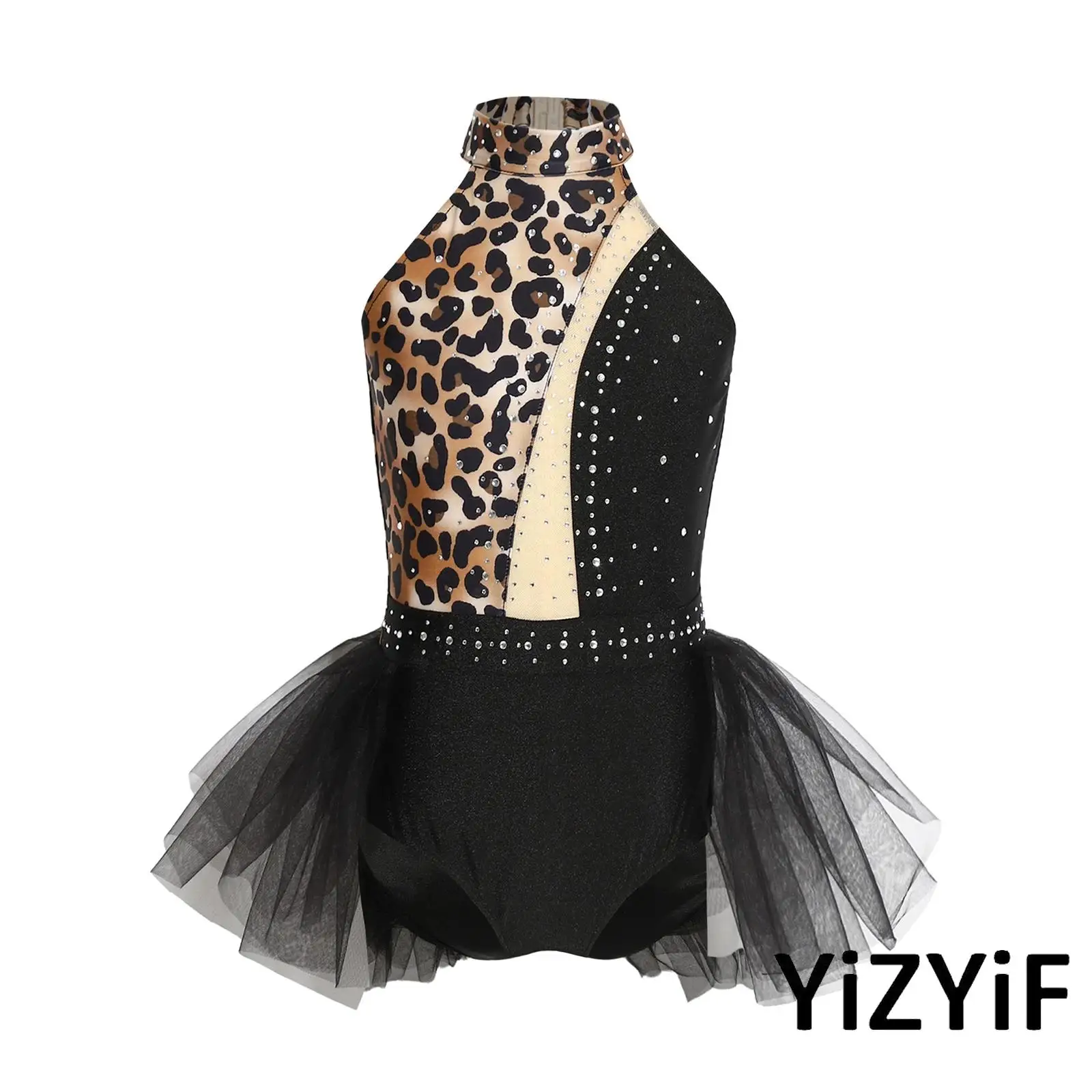

Kids Caveman Costume Leopard Print Jumpsuit Shiny Rhinestones Mesh Overlay Ballet Jazz Dance Leotard Girls Cave Themed Bodysuit