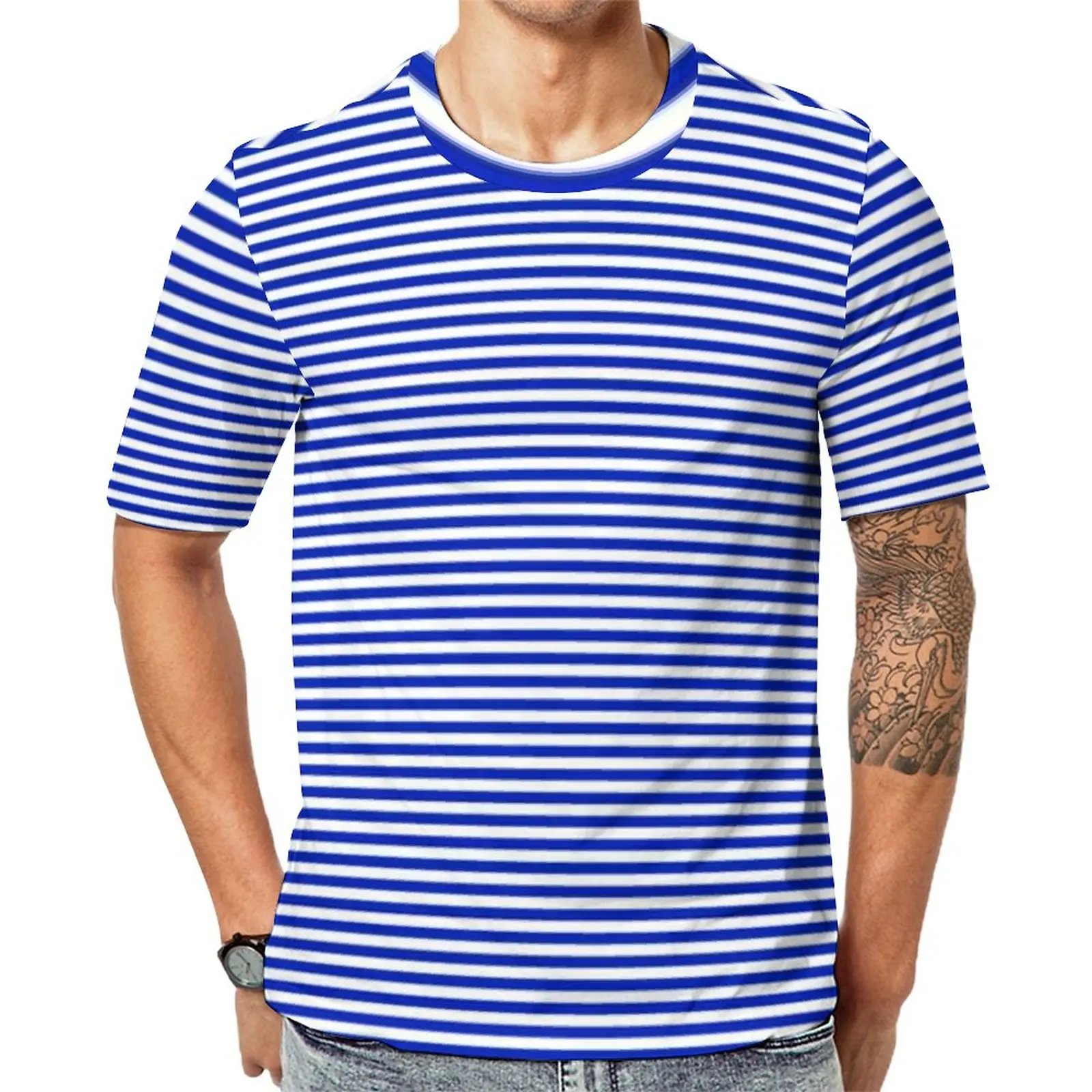 Retro Nautical Sailor T Shirt Man Blue and White Stripes Basic T Shirts Summer Popular Tees Short Sleeve Pattern Oversize Tops