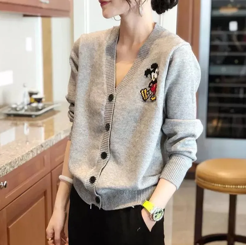 Disney Mickey Mouse Winter Cardigan Jumper Tops Turtleneck Pullovers Casual Sweater Women Long Sleeve Loose Sweater Girl