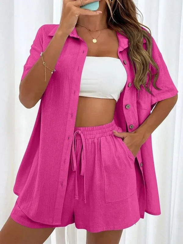 

Summer Shorts Home Suit Fashion Breathable Short Sleeve Shorts Pijamas Women Casual Two-piece Set Elegant Button Shirt Short Set
