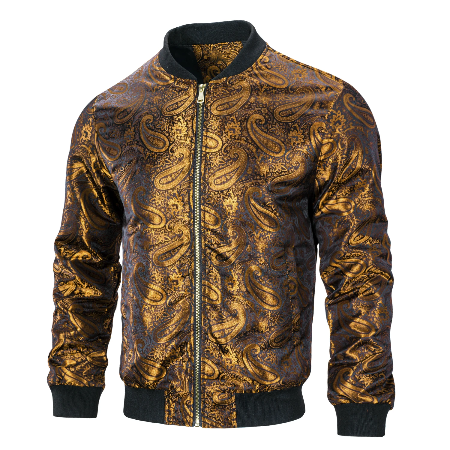 

Hi-Tie Golden Paisley Mens Jacket Jacquard Lightweight Bomber Casual Jacket Windbreaker Baseball Uniform Outdoor Zipper Coat