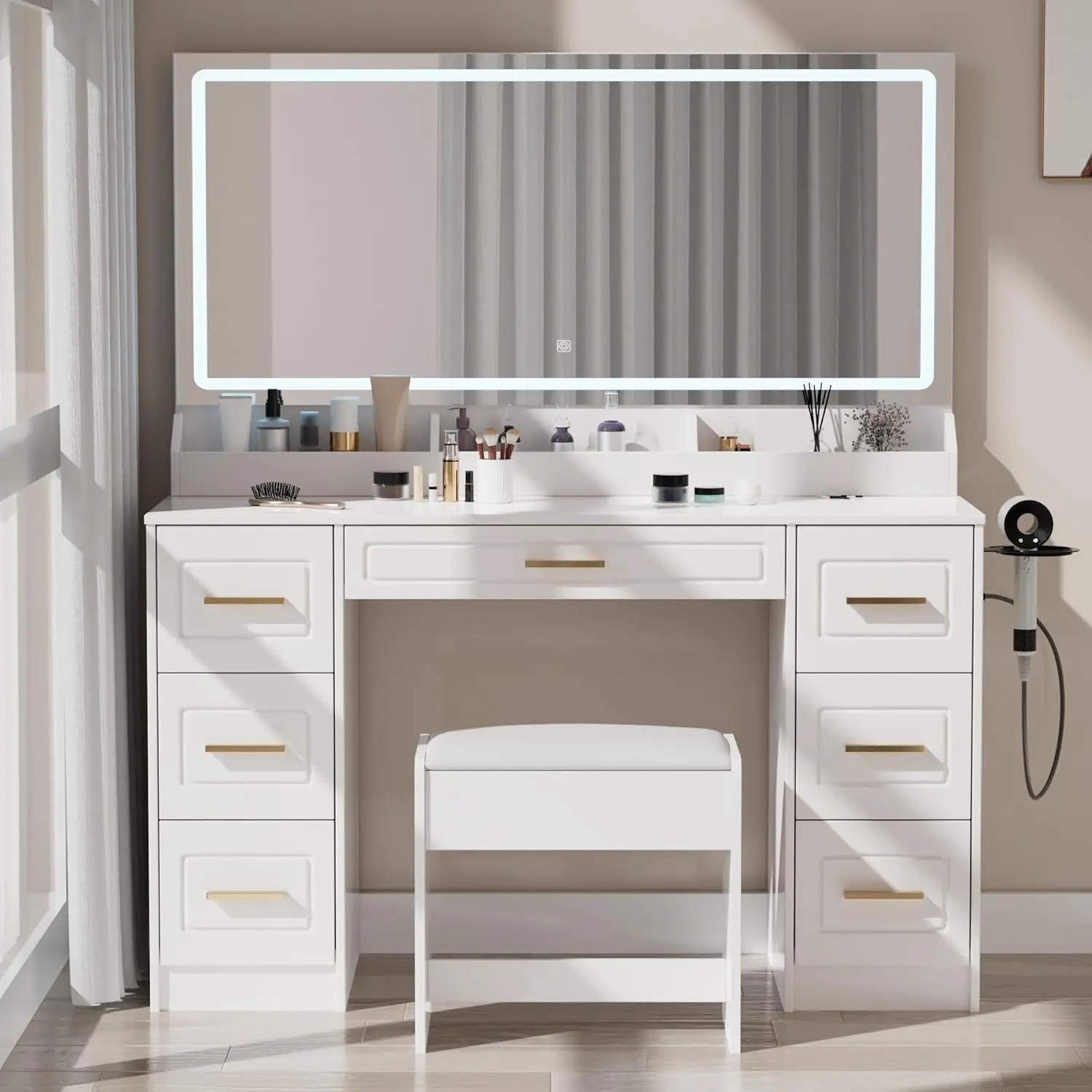 Vanity Desk With Mirror And Led Lights, 43'' W Makeup Vanity Desk With Power Outlet, 3 Color Modes, 7 Drawers Vanity Table With