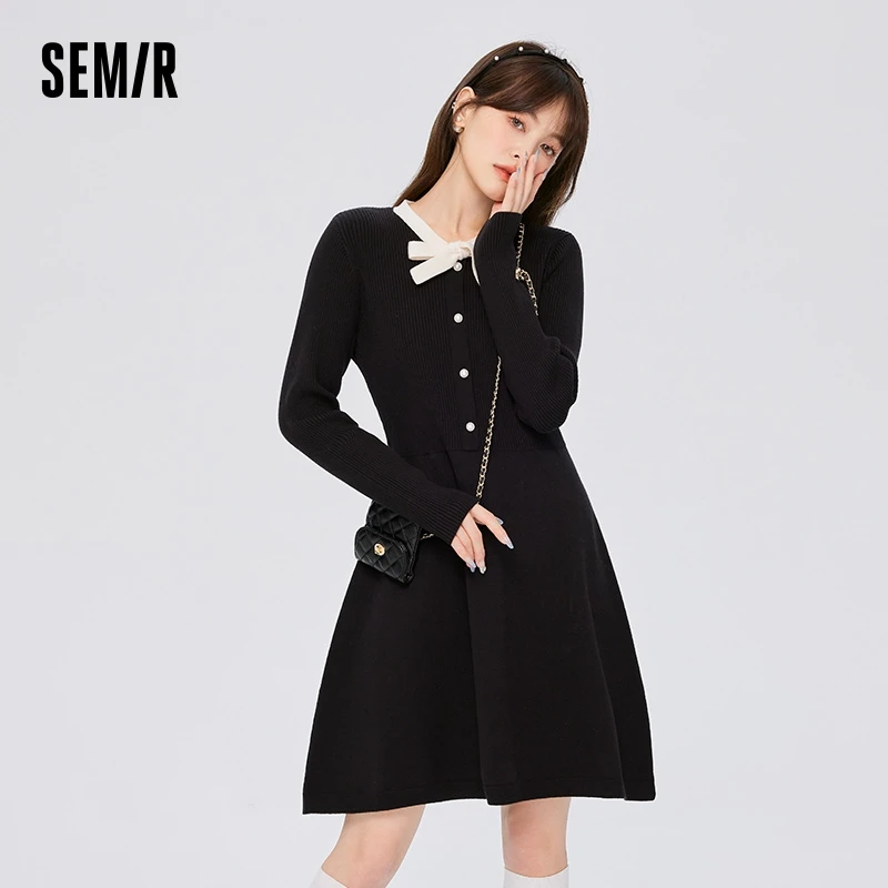 Semir Dress Women Bow Contrasted Color Bottoming Dress Elegant 2023 Winter Temperament Slim Knitted Dress