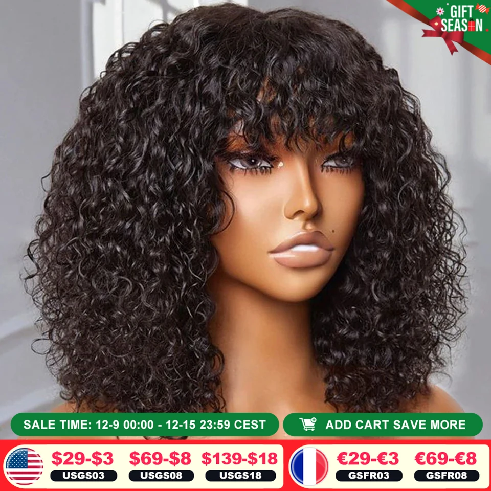 Jerry Curly Short Bob Human Hair Wigs With Bangs Wear To Go Glueless Wig Highlight Honey Water Wave Blonde Colored Wig For Women