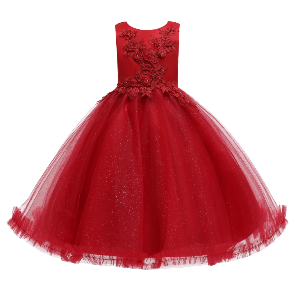 Red Sleeveless Tulle Flower Girl Dress For Kids Round Neck Nail Bead Embroidered Child Party Wear For Girl 3-12 Years