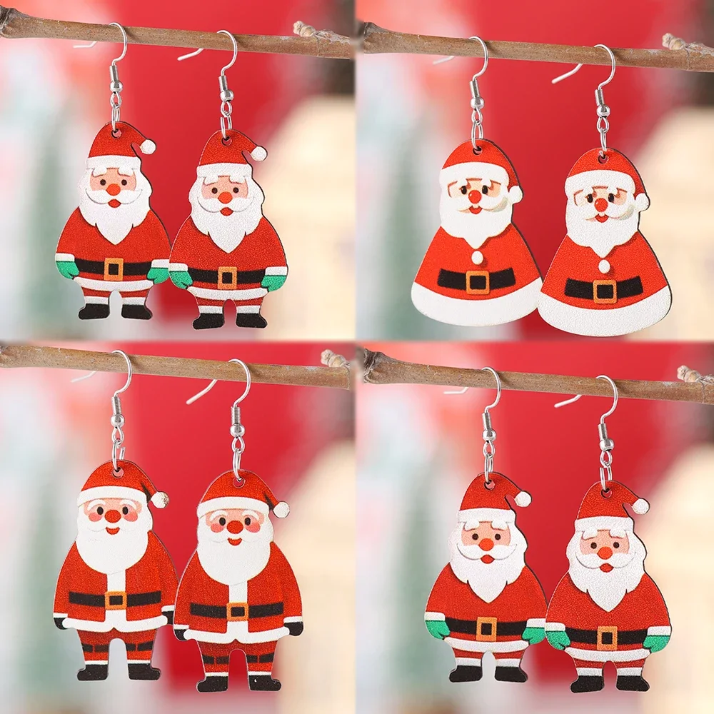 1Pair Christmas Earrings for Women Wooden Merry Christmas Funnny Cute Santa Claus Drop Earrings Christmas Party Jewelry Gifts