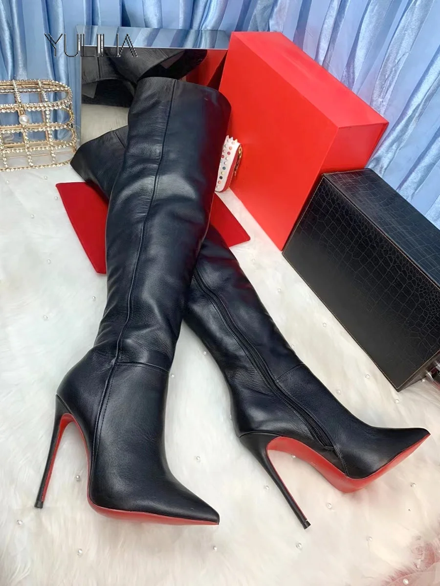 

YULILIA Trendy Sexy Woman Women's Red Bottom Pointed Zipper Stiletto High Heel Over The Knee Boots Office Ladies Nightclub Girl