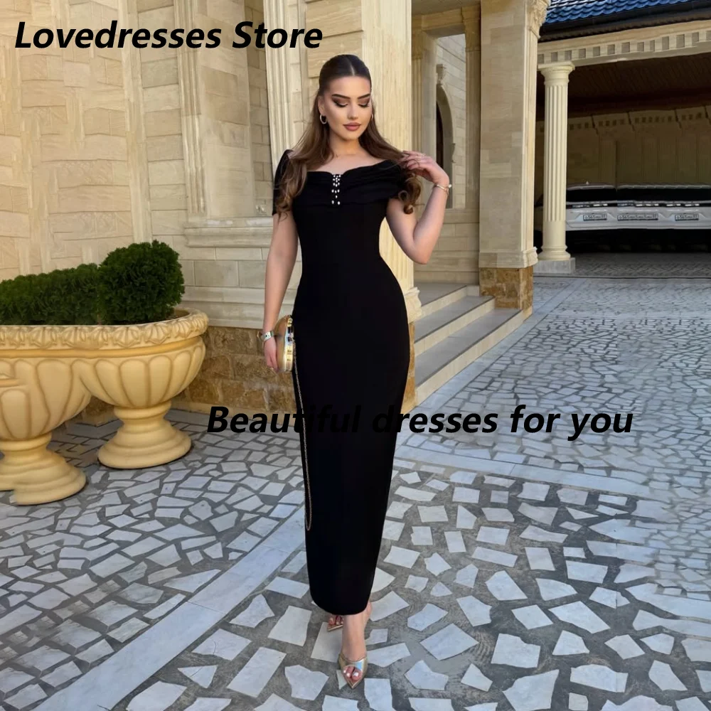 Customized Black Jersey Mother Of The Bride Gown Off The Shoulder Short Sleeve Rhinestone Ruched High Slit Wedding Evening Dress