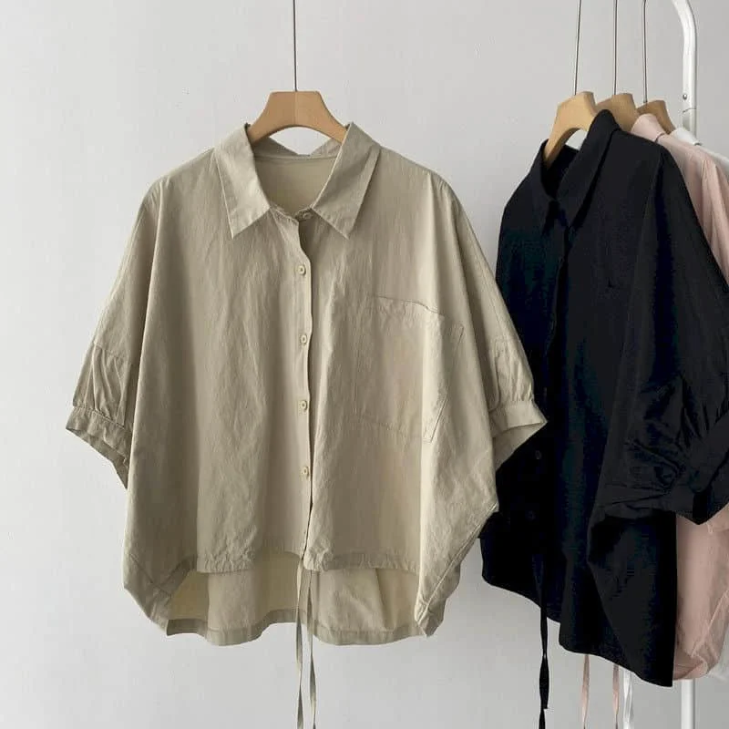 Cotton Shirts for Women Vintage Short Sleeve Polo-neck Casual Summer Single Breasted Korean Style One-piece Blouse Women Tops